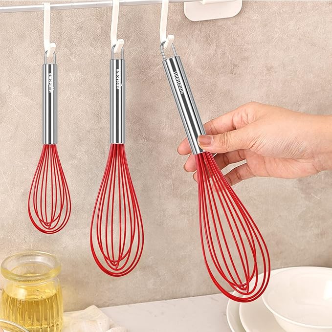 NileHome Whisk Commercial Stainless Steel wisk & Silicone Non-Stick Coated Small Whisk Set 8" 10" 12" Kitchen Wisk Wire Whisks for Cooking 3 Pack, Red