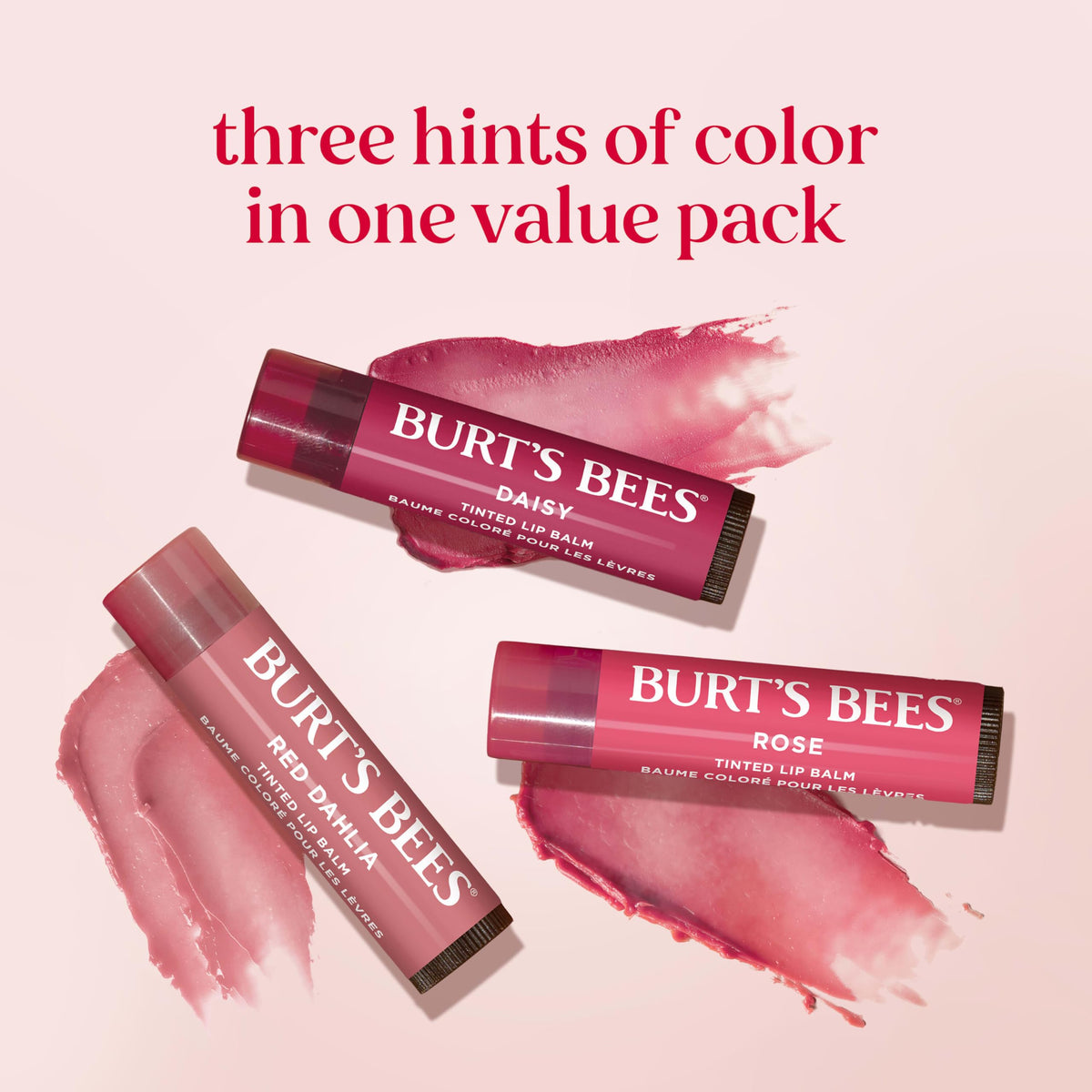 Burts Bees Tinted Lip Balm Value Pack, Includes Red Dahlia, Daisy and Rose, 8 Hour Moisture, Provides a Hint of Color, Nourishing Shea Butter, 100 Percent Natural Origin, 0.15 oz., Three Tubes