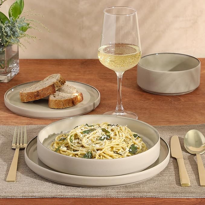 Gibson Elite Liberty Bay 16-Piece Pottery Clay Stoneware Dinnerware Set – Taupe Reactive Glaze, Stackable Plates and Bowls W/Pasta Bowl, Service for 4 – Microwave & Dishwasher Safe