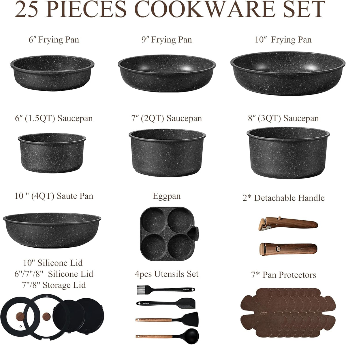 CAROTE 25pcs Pots and Pans Set Non Stick, Cookware Sets, Kitchen Set, Oven/Dishwasher/Fridge Safe, Space Saving Pots Set, Nonstick Set with Versatile Detachable Handle, Induction RV Set, Black