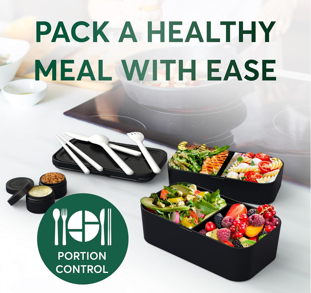 Umami Premium Lunch Box Containers w/ 4 Utensils, 2 Sauce Jars, Nestable Space-Saving Bento Box Adult, 100% Leakproof, Microwavable Lunch Containers for Adults, Cherry Black, 50 oz