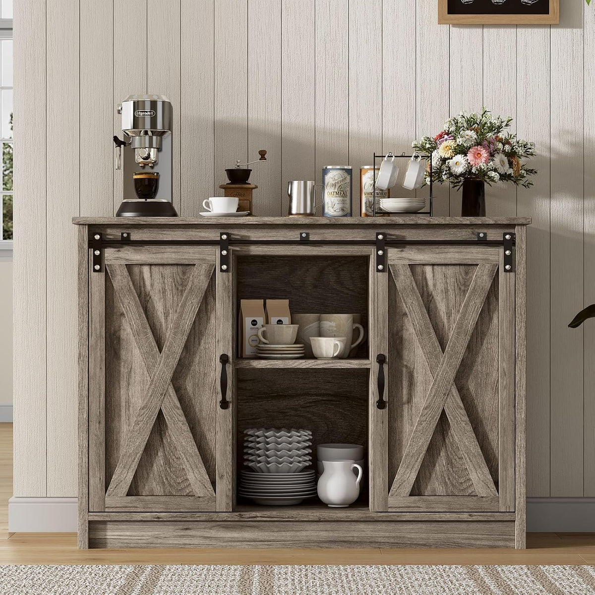 4 EVER WINNER Farmhouse Coffee Bar Cabinet with Sliding Barn Door, 42” Coffee Bar Table with Adjustable Shelves, Buffet Cabinet with Storage for Kitchen Living Dining Room, Wash Grey