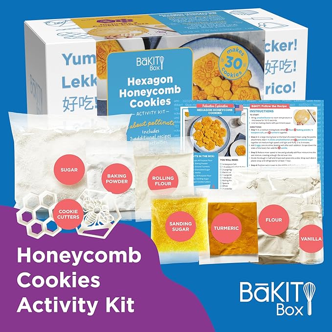 BāKIT Box Hexagon Honeycomb Sugar Cookie Decorating Kit – STEM Baking Gift for Kids Ages 5–12, Homeschool Geometry & Bee Habitat Activities, Educational Cookie Kit for Boys & Girls