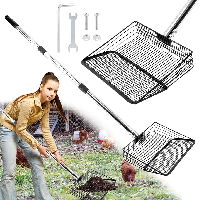 10inch Chicken Poop Scooper, Chicken Coop Scoop for Poop, 4 Sections Extended with 22 to 77inch Stainless Steel Adjustable Handle, Litter Scooper Sifting Shovel