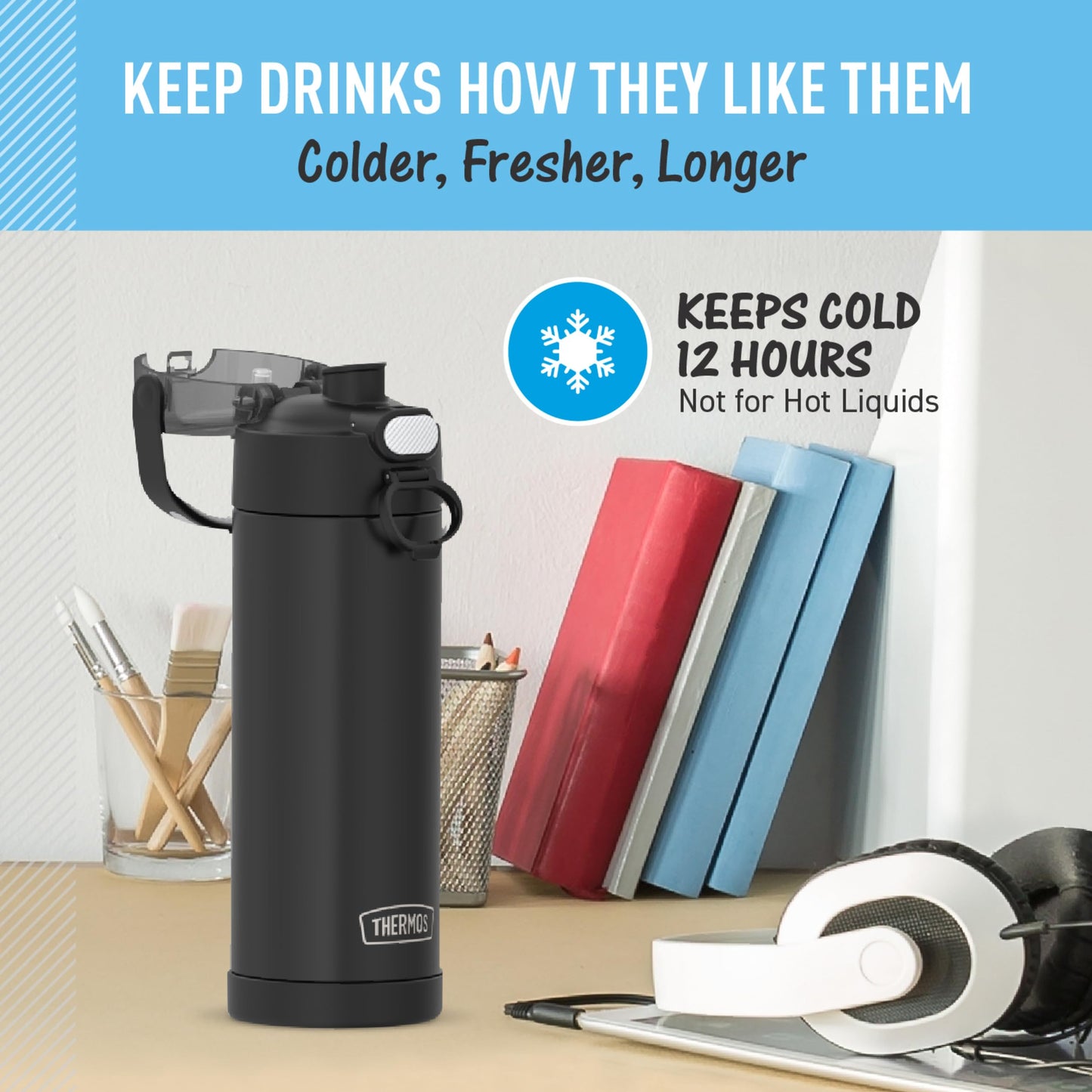 THERMOS FUNTAINER Water Bottle with Spout, 16oz, Black Matte