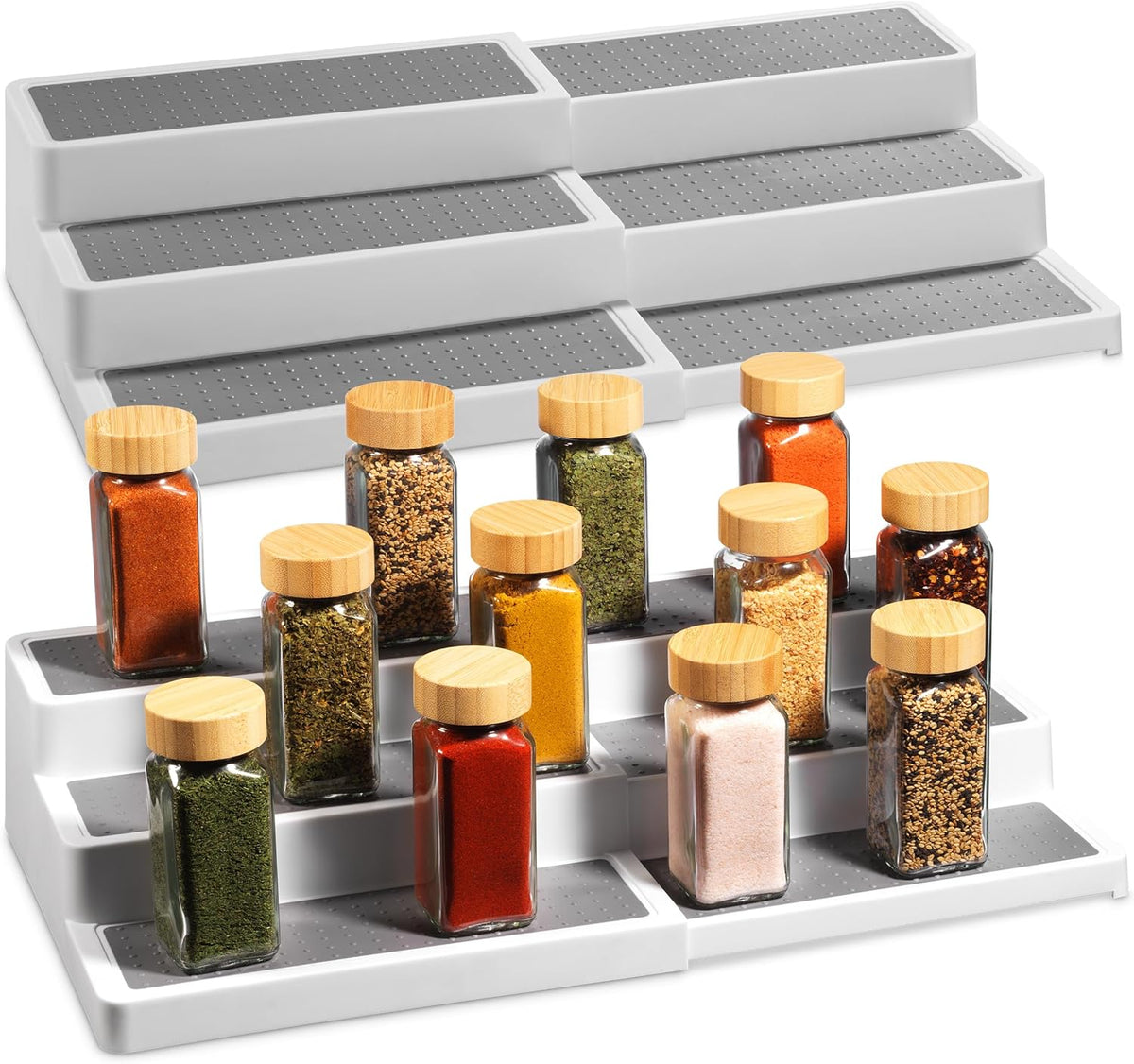 Oizeir Plastic 3-Tier Expandable Spice Rack, Adjustable Length, Stability with Non-Skid Shelf, For Easy Visibility, Organizer for Kitchen Cabinet, Pantry or Countertop, (2-Pack), White/Grey