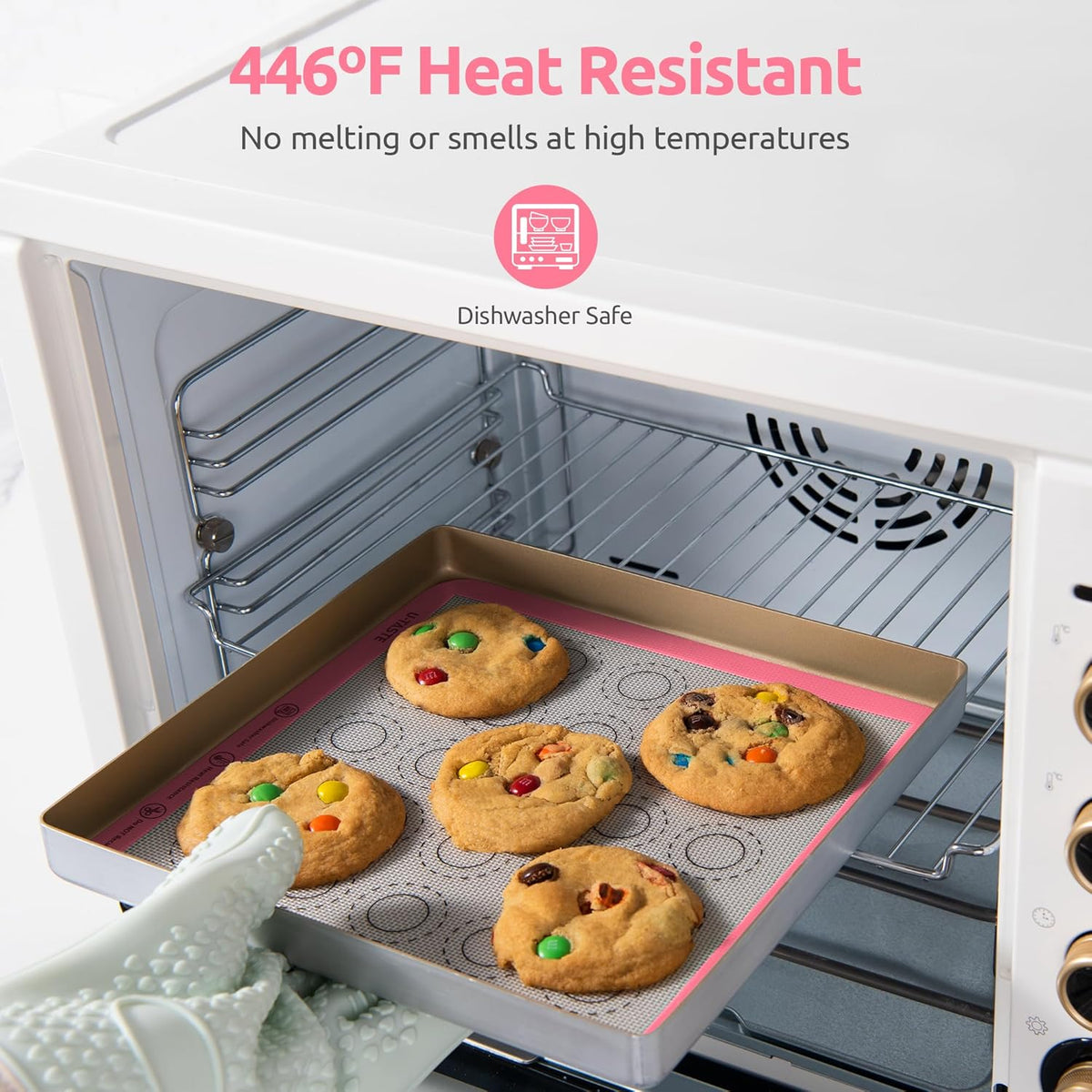 446ºF Heat Resistant Macaron Mat: U-Taste 11x11in Non Stick Silicone Baking Mat, Reusable Cookies Pastry Sheet Liner with Edge Enhancement & Circle Measurement for Square Cake Pan (2 PCS, Pink)