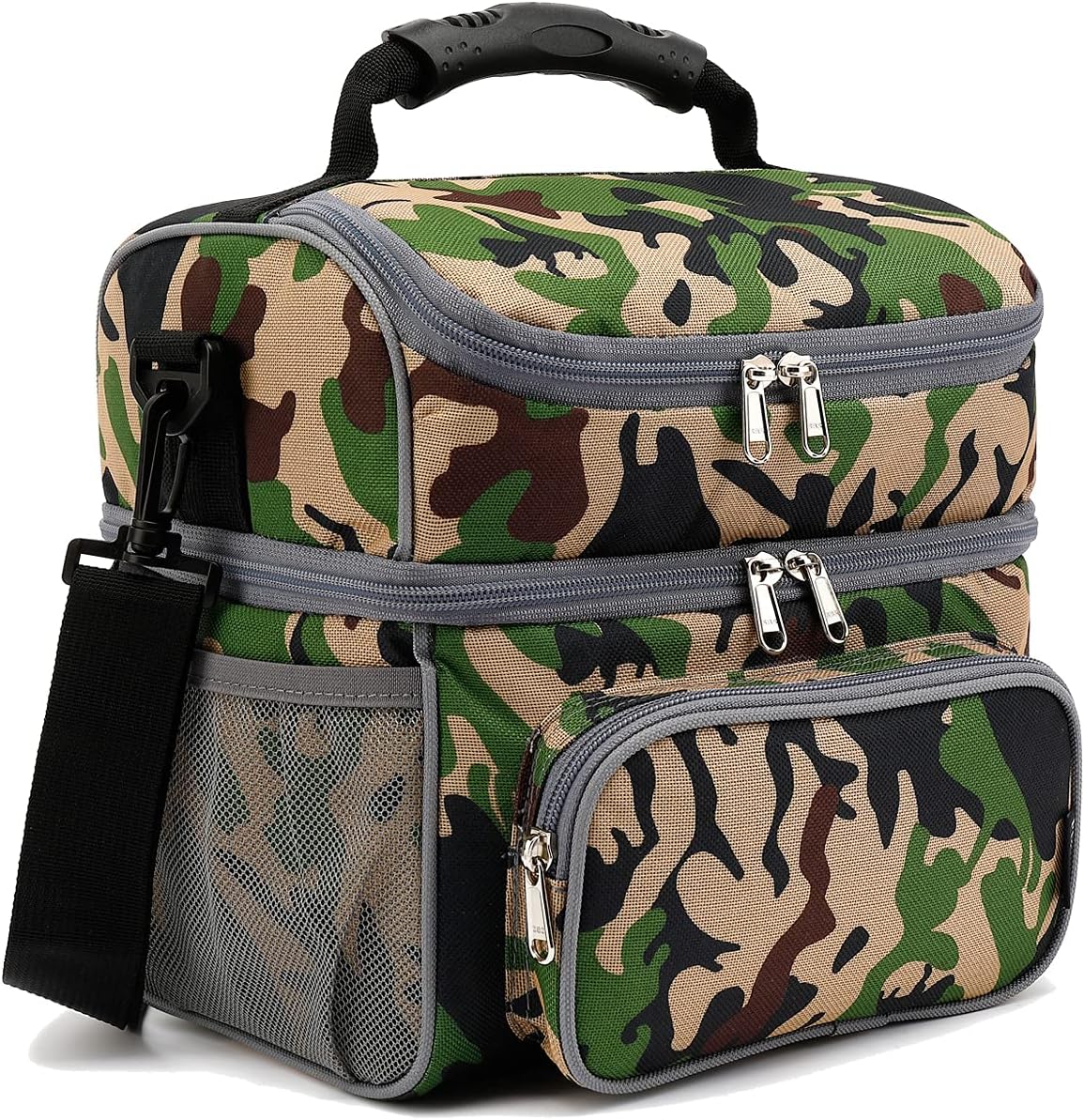 FlowFly Double Layer Cooler Insulated Lunch Bag Adult Lunch Box Large Tote Bag for Men, Women, With Adjustable Strap,Front Pocket and Dual Large Mesh Side Pockets