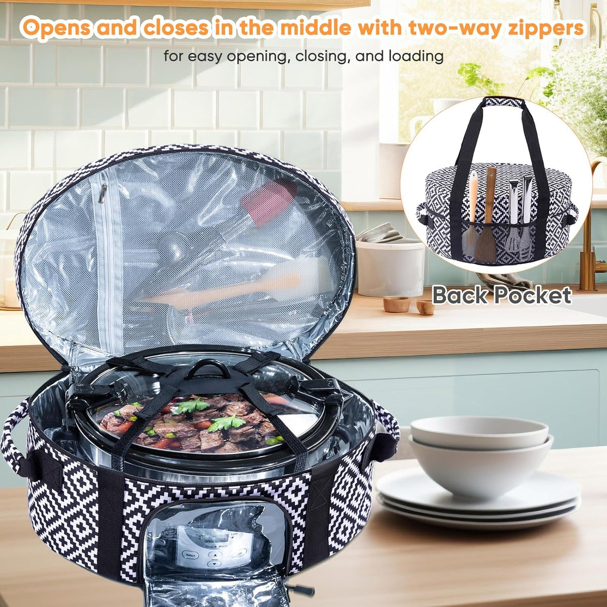 Insulated Slow Cooker Carrying Bag for 6-8 Quart CrockPot and Hamilton Beach Slow Cooker with See-thought Window, Portable Carrier Case with Adjustable Band and Accessory Pocket