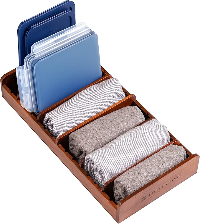 KitchenEdge Acacia Kitchen Towel and Storage Organizer, Perfect for Drawers, Cabinets, Pantry, 5 Adjustable Wall Inserts, Non-Slip Feet, Organize Containers, Food-Safe Finish