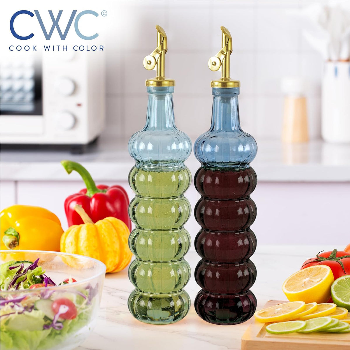 COOK WITH COLOR Glass Olive Oil Bottle Dispenser - 2 Pack- 17oz Oil and Vinegar Cruet - Olive Oil Carafe Decanter for Kitchen