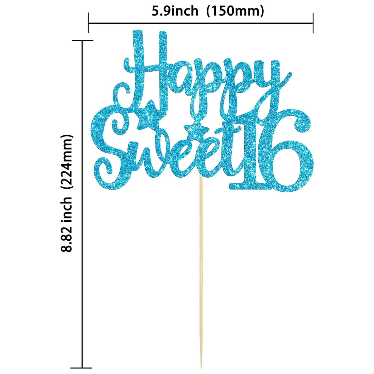 Gyufise 1Pc Happy Sweet 16 Cake Topper Glitter 16th Birthday Cake Pick for Cheers to 16 Years Old 16th Birthday Party Cake Decorations Supplies Light Blue
