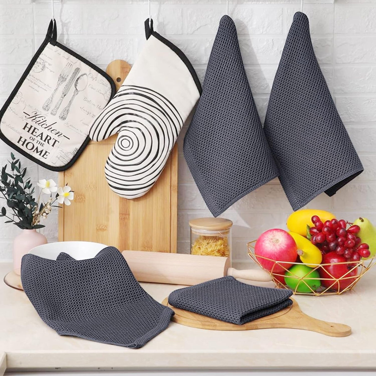 Homaxy 100% Cotton Waffle Weave Kitchen Dish Cloths, Ultra Soft Absorbent Quick Drying Dish Towels, 12 x 12 Inches, 8-Pack, Dark Grey