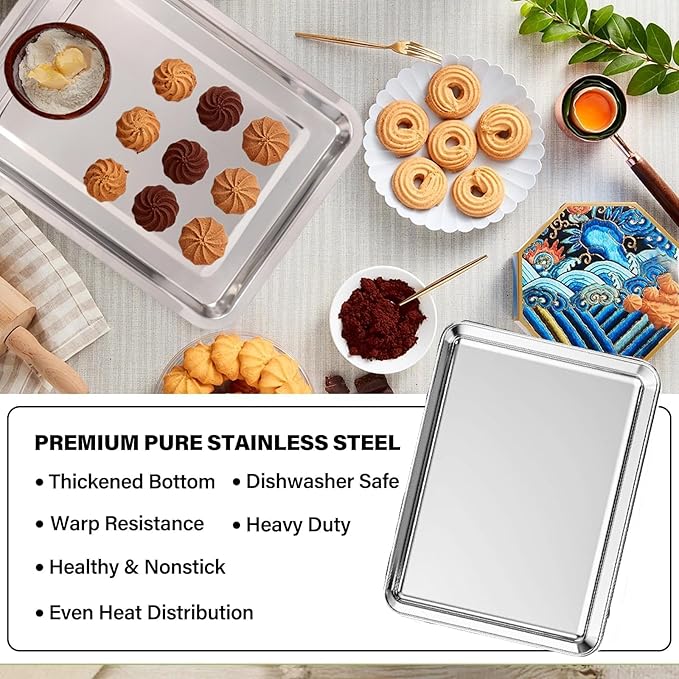 Set of 3 Baking Sheet, Stainless Steel Cookie Sheet Baking Sheet Pan, 9/12/16 Inch Cookie Tray Pans for Baking, Non Toxic & Easy Clean