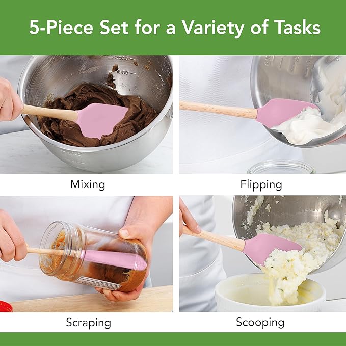 Tovolo Silicone Spatula with Wooden Handle Set of 5 Piece Silicone Kitchen Utensil Set Spoonula Jar Scraper Mini Spatula and Spoonula for Cooking Baking Mixing Folding Pink Sorbet