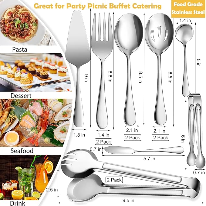 12 PCS Stainless Steel Serving Utensils, Large Spoons Slotted Spoons Forks Tongs, Ice Suger Tongs, Pie Server, Butter Knife, Coffee Spoons, Great for Buffet Catering Banquet Party, Silver