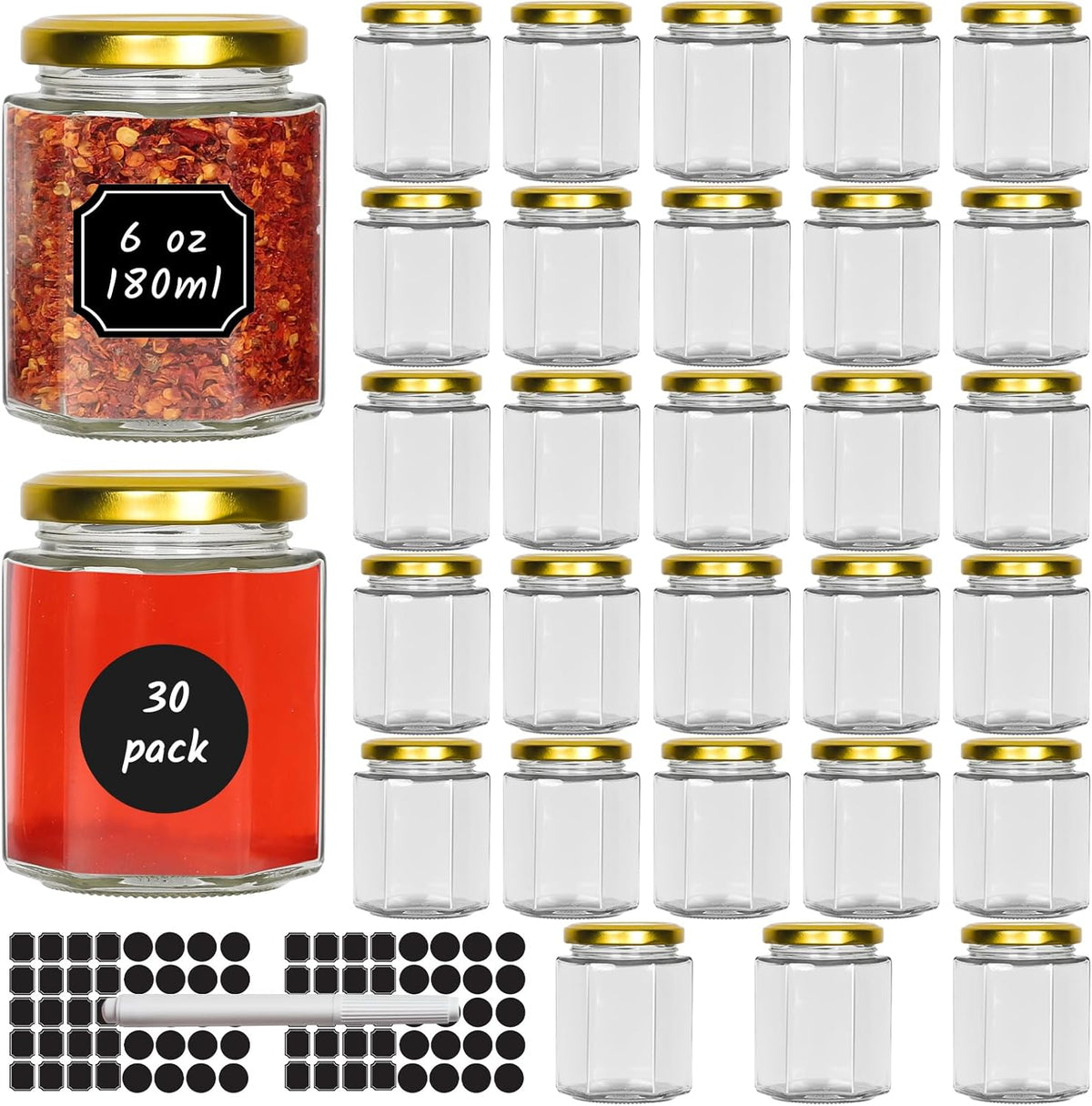 6 oz Hexagon Glass Jars with Gold Lids, 30 Pcs Canning Jars for Jam, Honey, Jelly, Candy, Candle, Wedding Favors, Baby Shower Favors, Spice Jars Crafts with Stickers and Pen for Labeling