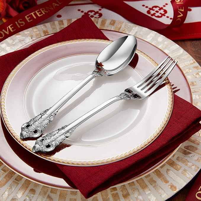 KEAWELL Luxury 45-Piece Silverware Set, 18/10 Stainless Steel, Service for 8, Mirror Finish, Antique Baroque Design, Dishwasher Safe (Silver)