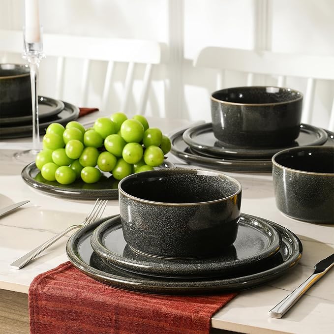 Stone Lain Eden 12-Piece Dinnerware Set Stoneware, Plates and Bowls Set, Dishwasher and Microwave Safe Dish, Dish Set for 4, Charcoal Grey