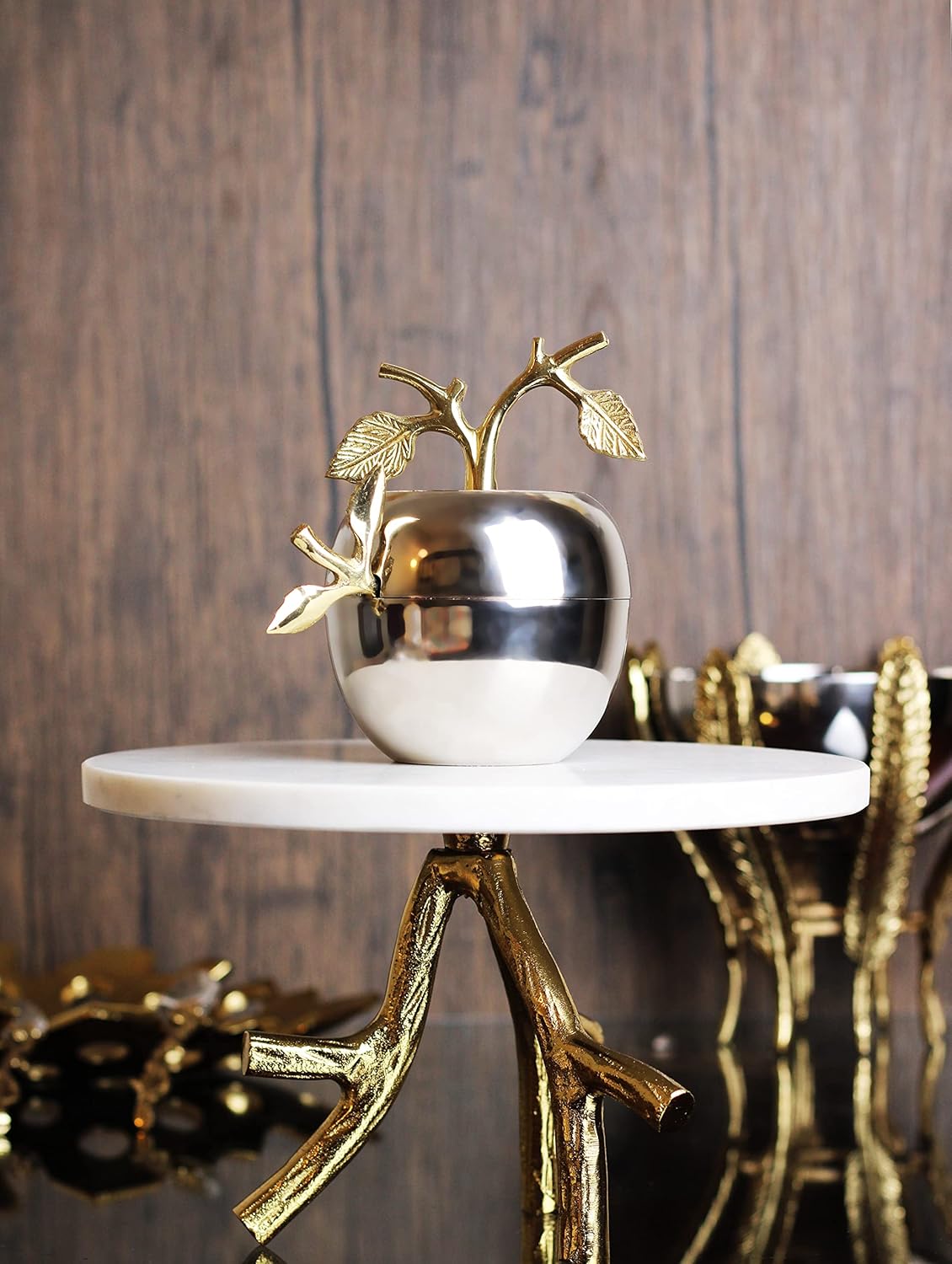 Silver Honey Jar Dish, Apple & Leaf Honey, Jam Server with Dipper Spoon Ideal for Serving Honey, Jams, Jellies, Gorgeous Gold Leaf Spoon, Stainless Steel & Brass, Everyday Rosh Hashanah & any Occasion