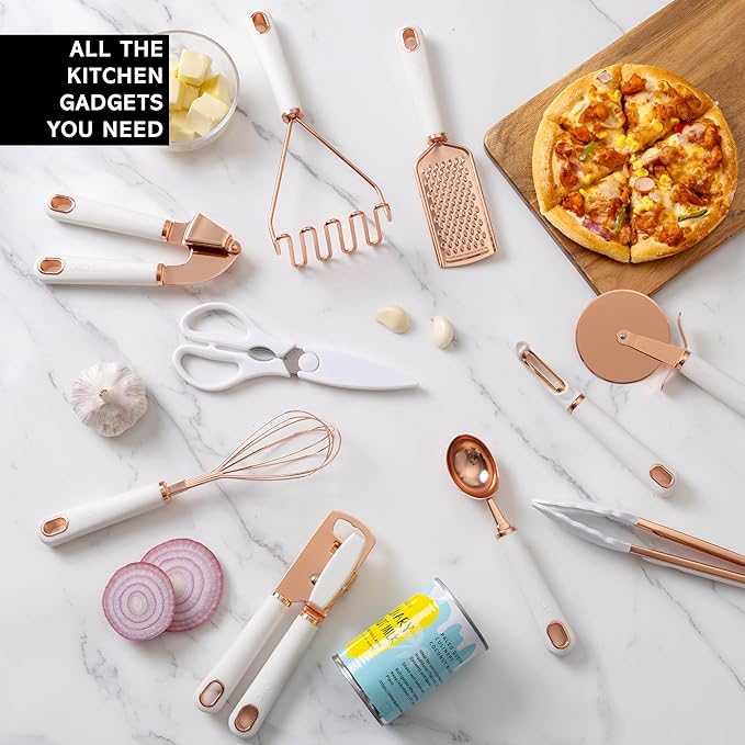 COOK WITH COLOR Kitchen Gadget Set Copper Plated Stainless Steel Utensils with Soft Touch Handles, Copper White, 10 Pieces