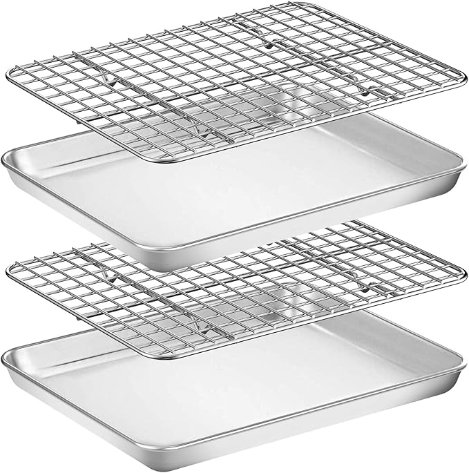 Baking Sheet with Rack Set [2 Pans + 2 Racks], Wildone Stainless Steel Cookie Sheet Baking Pan Tray with Cooling Rack, Size 10 x 8 x 1 Inch, Non Toxic & Heavy Duty & Easy Clean
