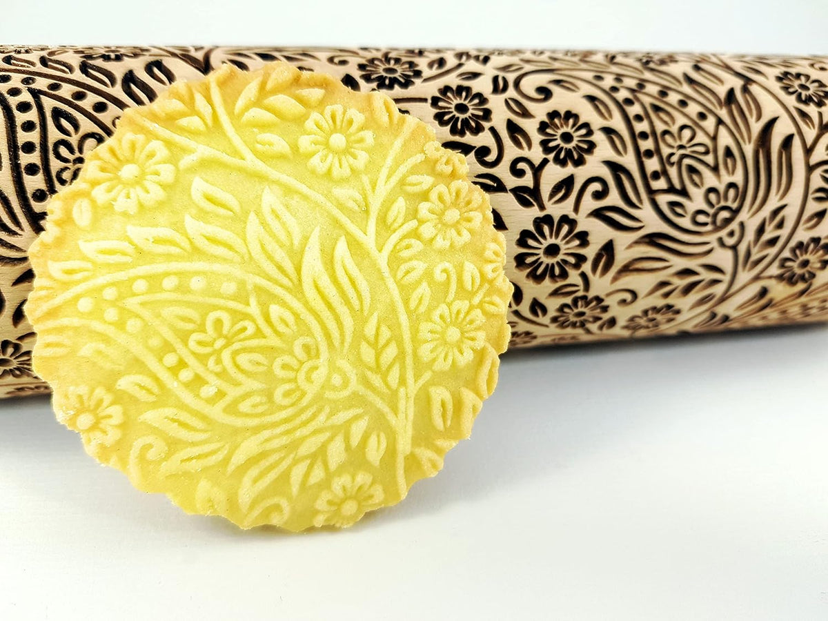 KASHMIR pattern Embossed Rolling Pin. Engraved Dough Roller with Paisley for Embossed Cookies and Pottery by Algis Crafts
