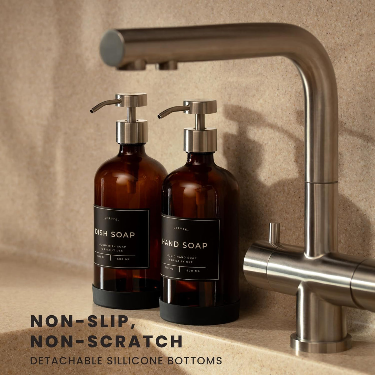 16oz Glass Soap Dispenser with Stainless Steel Pump, 21 Waterproof Labels, Non-Slip Protective Silicone Pad, Set of 2 for Bathroom & Kitchen (Amber Bottle/Brushed Silver Pump)