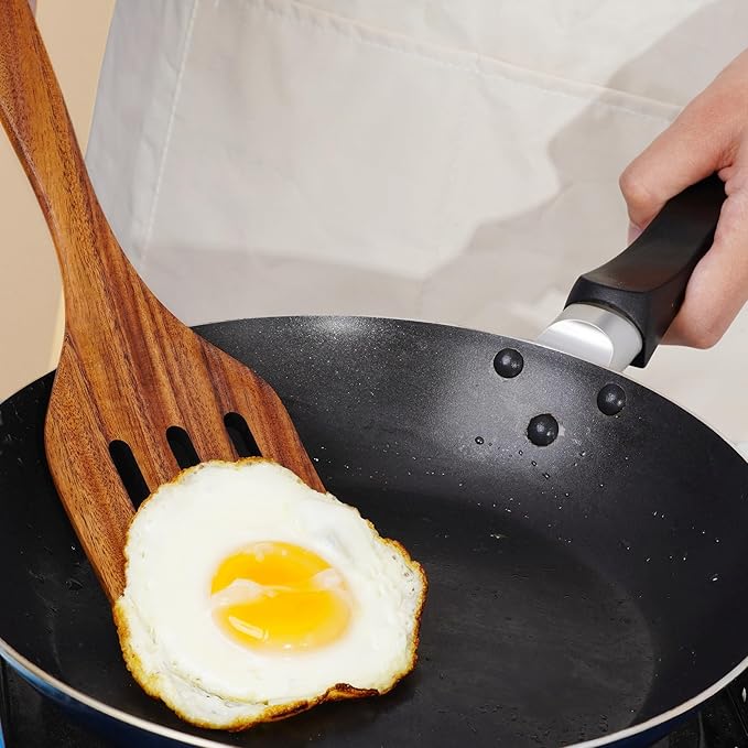 FJNATINH Wooden Slotted Spatula for Cooking, Nonstick Teak Slotted Turner, Flat Wooden Kitchen Cooking Spatula Turner for Frying Flipping Kitchen Utensil Pancake