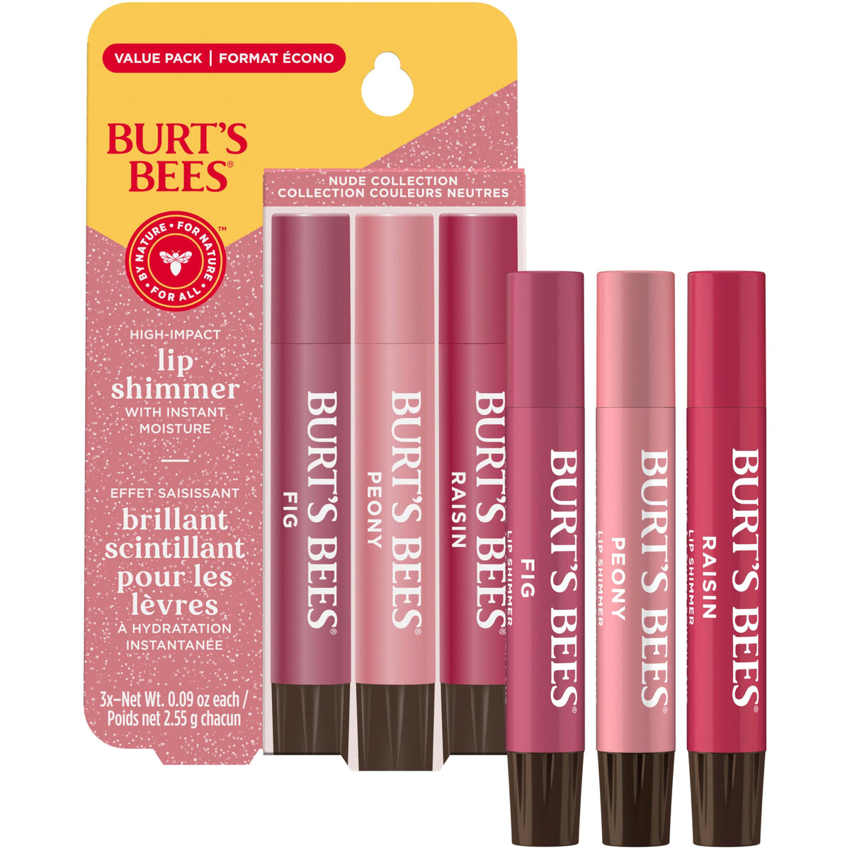 Burt's Bees Lip Shimmer Nude Collection, Tinted Lip Balm, 0.09 oz., 3 Tubes