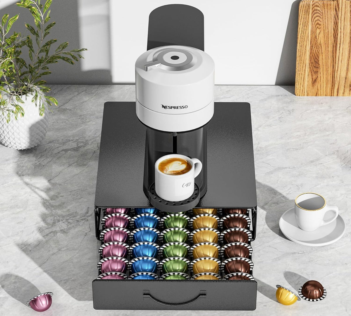 HFHOME Coffee Pod Holder Drawer Compatible with Nespresso - 40 Large or 60 Small VertuoLine Pods - Black Metal Coffee Capsule Storage Organizer for Vertuo - Coffee Capsule Holder for Kcup Home Kitchen
