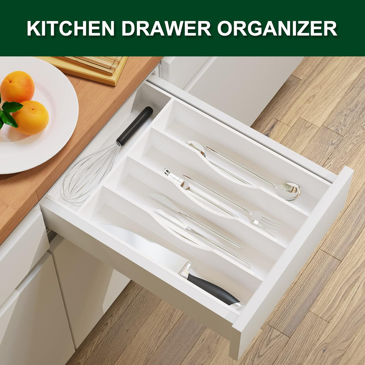 Bellsal White Utensil Organizer 10 Inch Silverware Tray for Drawer - 5 Compartment Small Narrow Bamboo