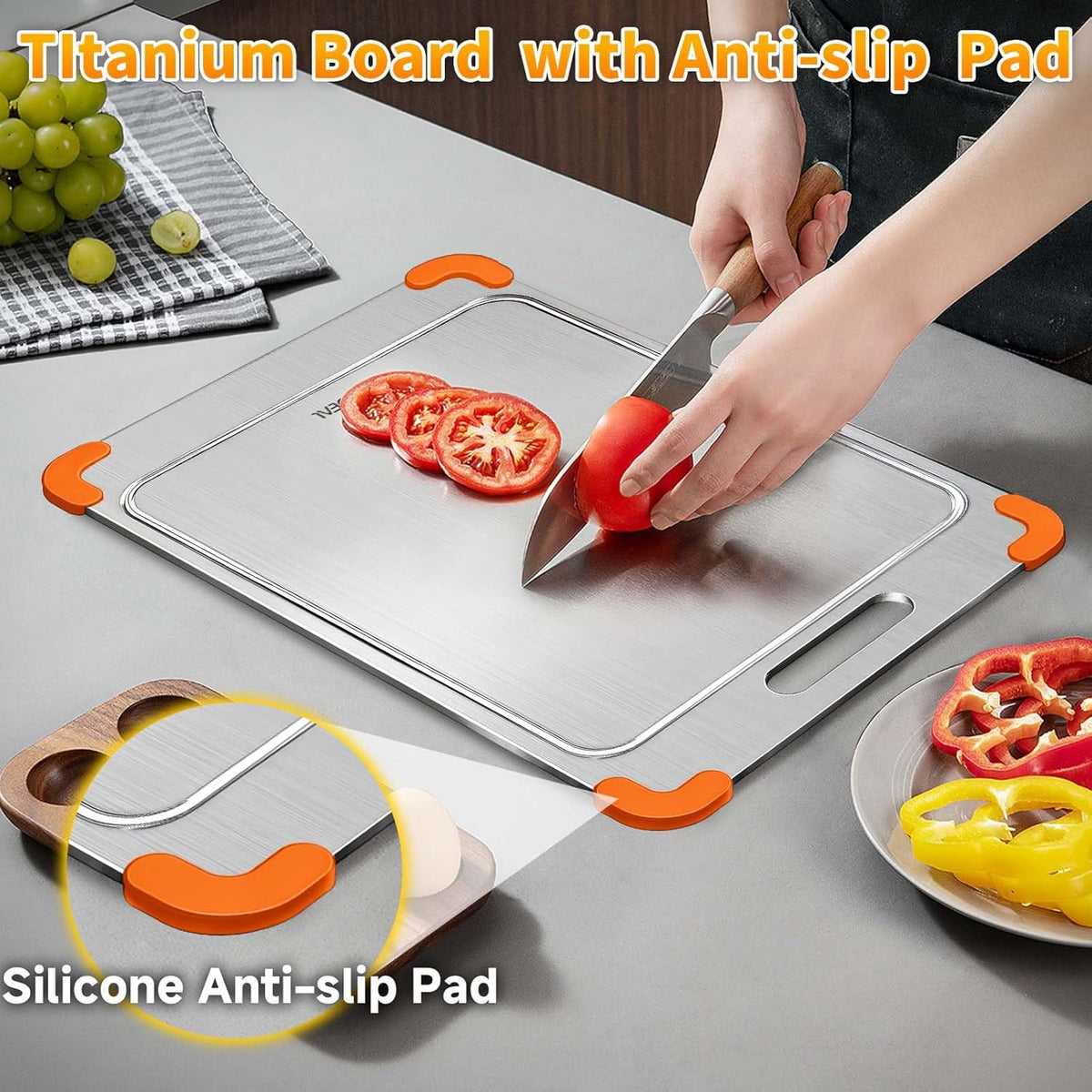 100% Pure Titanium Cutting Board with Grooves, Update Double Side Titanium Chopping Board, Silicone Anti-slip Stainless Cutting Boards for Kitchen 12 * 18 IN, Orange