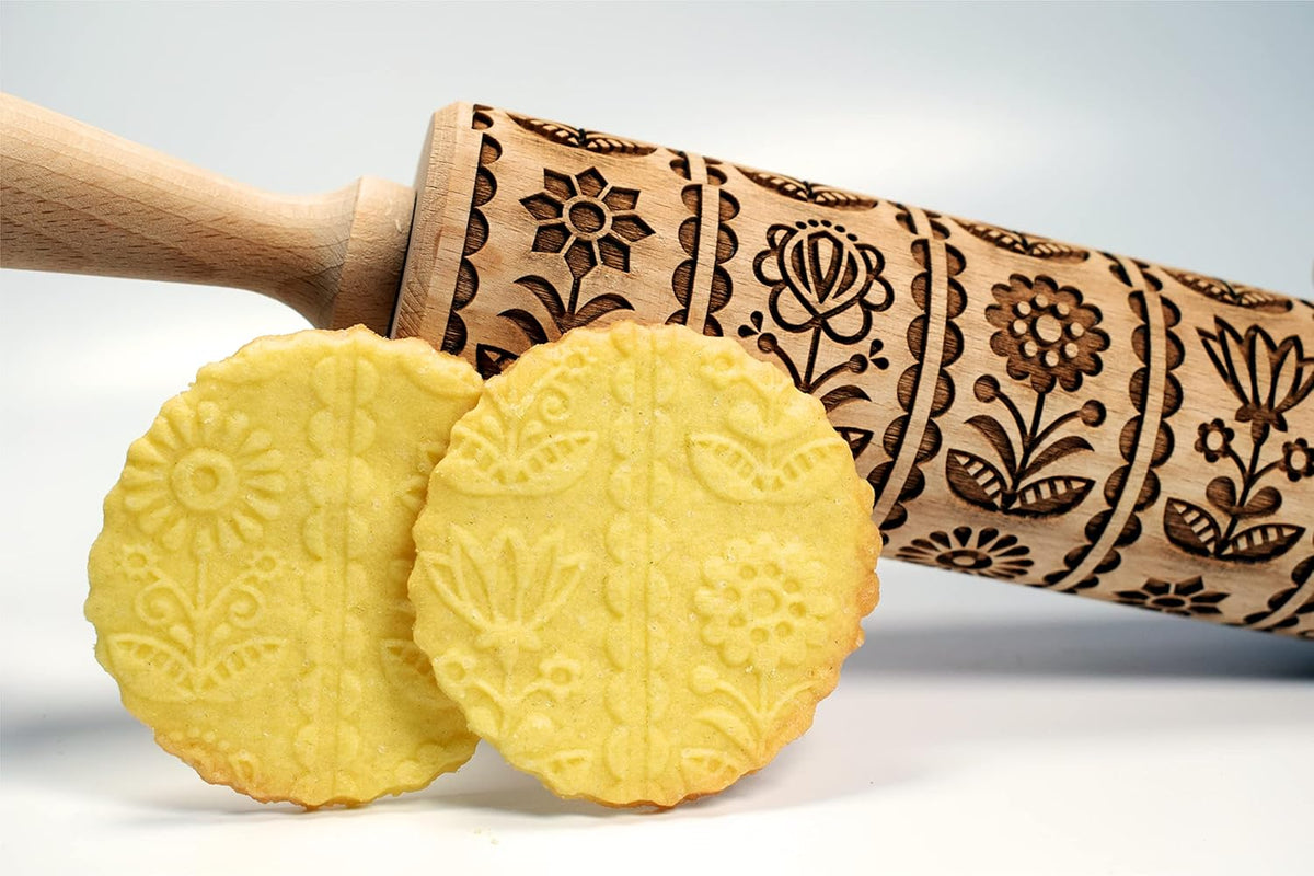 FOLKSY FLOWERS Embossing Rolling Pin. Laser Engraved Dough Roller with Folk Pattern for Embossed Cookies and Pottery by Algis Crafts