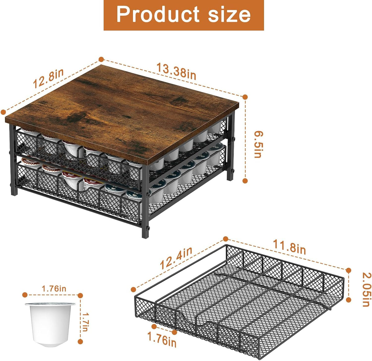 Coffee Pod Holder For Counter, Coffee Pod Drawer for K Cup Storage Drawer Holder, 72 Capacity Pods Storage Organizer Cups Capsule with Sliding Baskets for Coffee Station, Black