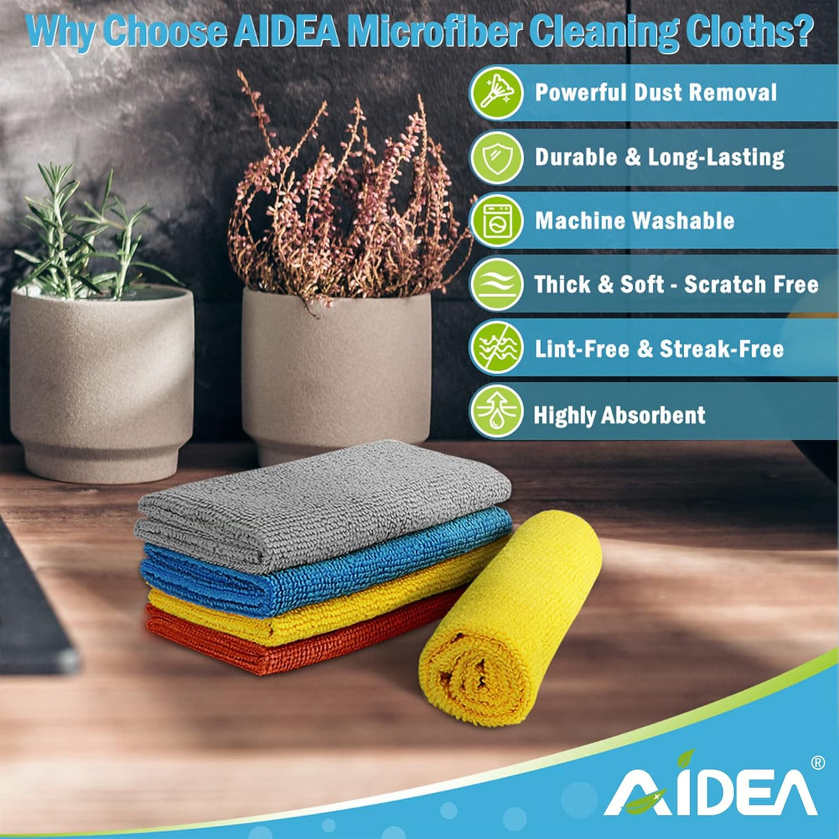 AIDEA Microfiber Cleaning Cloth 50PK, Dusting Cloth Drying Towel, All Purpose Soft Absorbent, Lint Free Rags, Streak Free Wash Cloth for House, Kitchen, Car, Window, 12"×12"