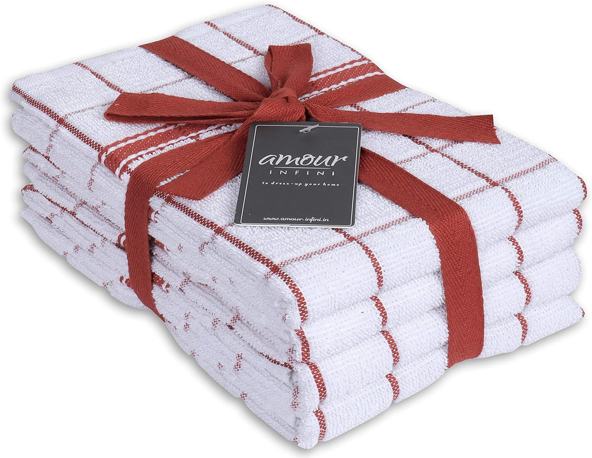 AMOUR INFINI Terry Cotton Kitchen Towels 4-Pack - Large 18 x 28 Inch, Absorbent & Soft Dish Towel with Hanging Loop, Washable Ideal for Cleaning, Drying (Rust)