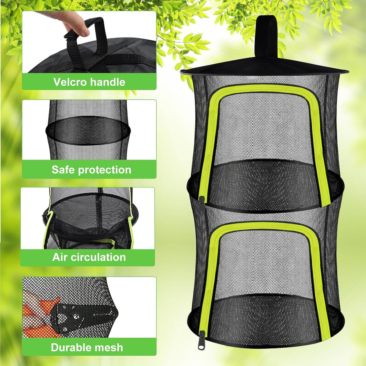2 Layer Herb Drying Rack, Small Herb Drying Rack Hanging Mesh, Foldable Fish Drying Net with U-Shaped Zipper, Hooks, for Drying Herbs Plants, Flowers, Fruits, Food, Camping(2 Layers-11.81'')