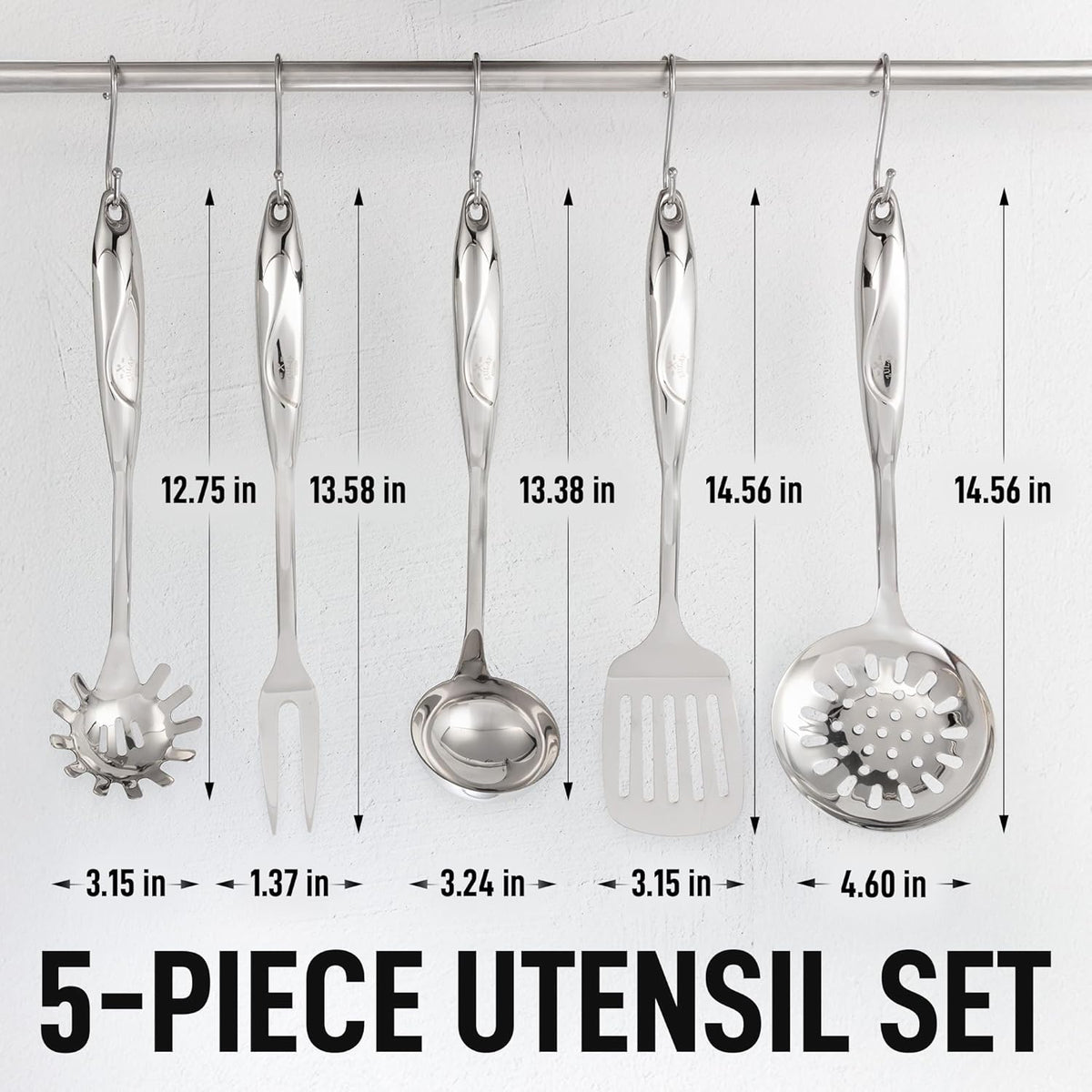 Zulay Kitchen Stainless Steel Cooking Utensil - Stainless Steel Kitchen Utensil - Durable Kitchen Gadgets - Metal Kitchen Accessories - Easy to Clean Kitchen Tools - 5 Piece Set
