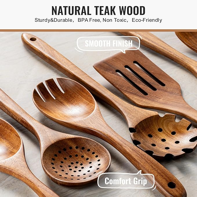 10 Pcs Wooden Spoons for Cooking, Natural Teak Wooden Kitchen Utensils Set, Durable Cooking Utensils Set with Comfort Grip for Cookware, Smooth Finish&NonStick& Heat Resistant Wooden Spatula