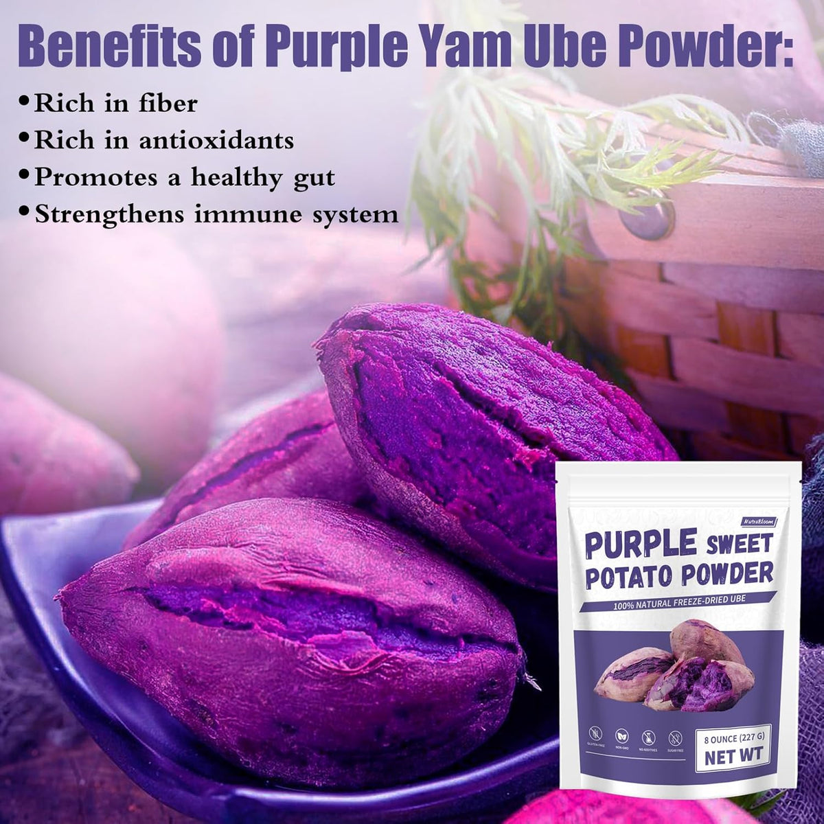 NutraBloom Purple Sweet Potato Powder, 8 Oz, Natural Food Coloring, Ube Powder, Rich Anthocyanin Superfood for Baking, Smoothies