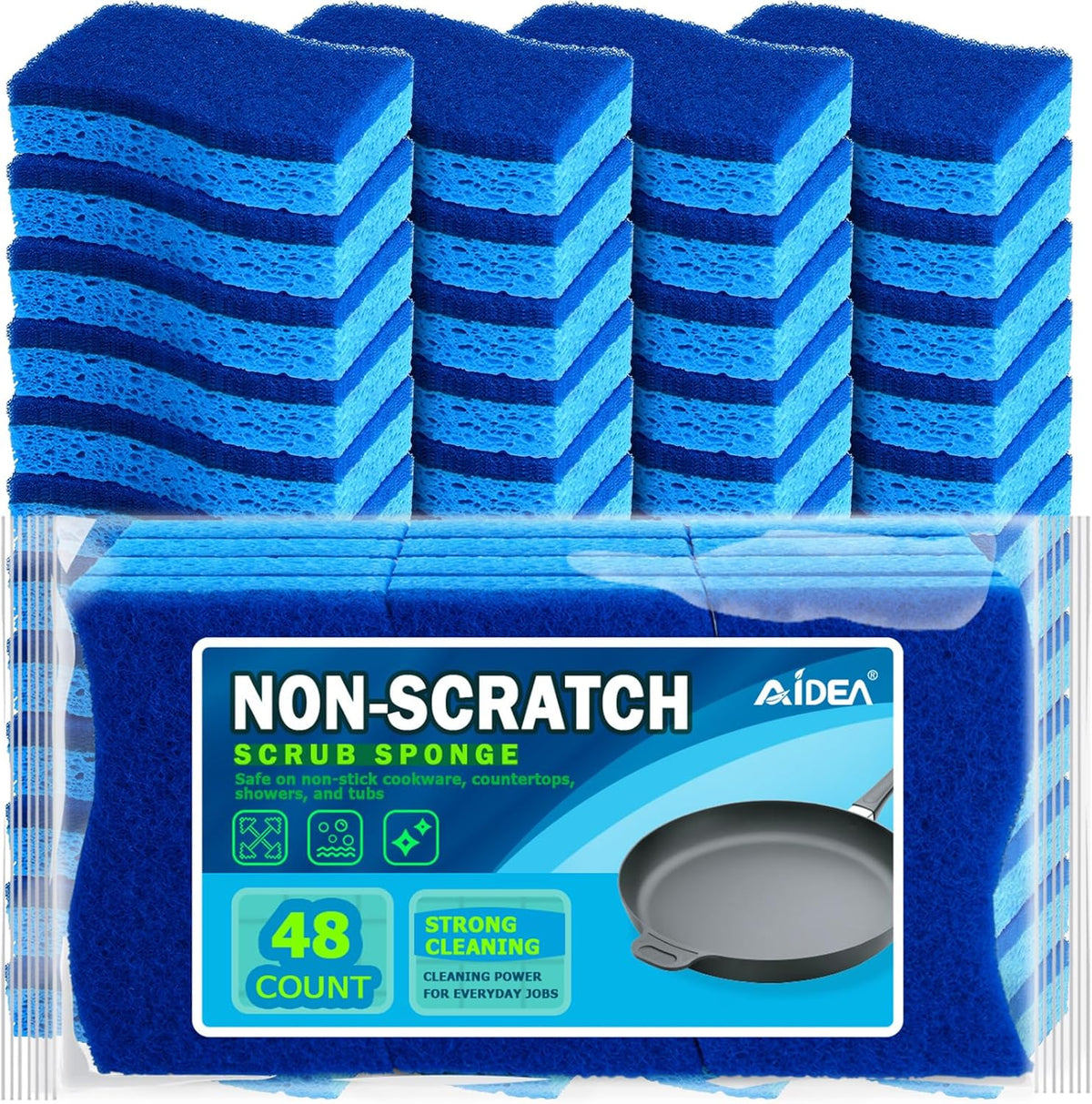 AIDEA Non-Scratch Scrub Sponge, 48Count, Sponges for Dishes, Sponges Kitchen, Cleaning Sponge, Cleans Fast Without Scratching, Stands Up to Stuck-on Grime, Cleaning Power for Everyday Jobs