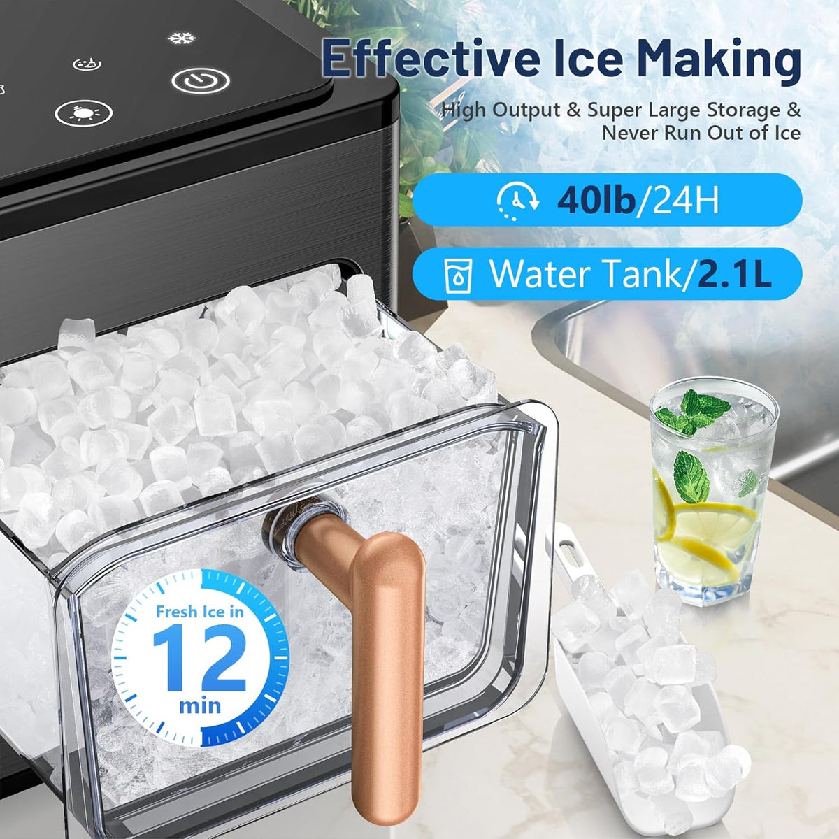 Nugget Ice Maker Countertop, 40lbs/24H, Pebble Ice Maker with Soft Chewable Ice, Self Cleaning Sonic Ice Machine, Stainless Steel w/Touch Screen for Home Office Bar Party- Black