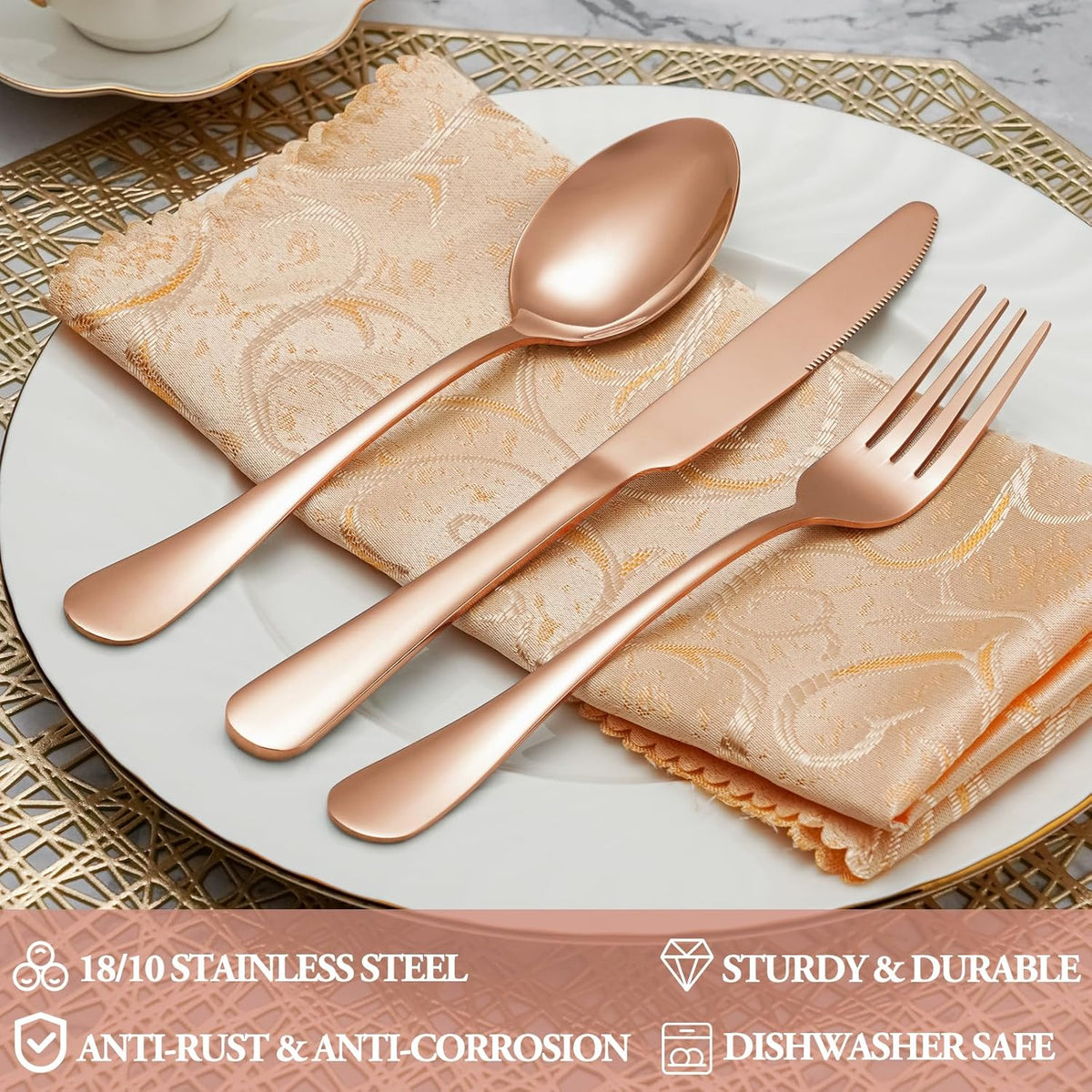 60 Pcs Rose Gold Silverware Set Service for 12, Premium Stainless Steel Flatware Set, Cutlery Utensil Sets, Durable Home Kitchen Eating Tableware Sets, Include Fork Knife Spoon, Dishwasher Safe
