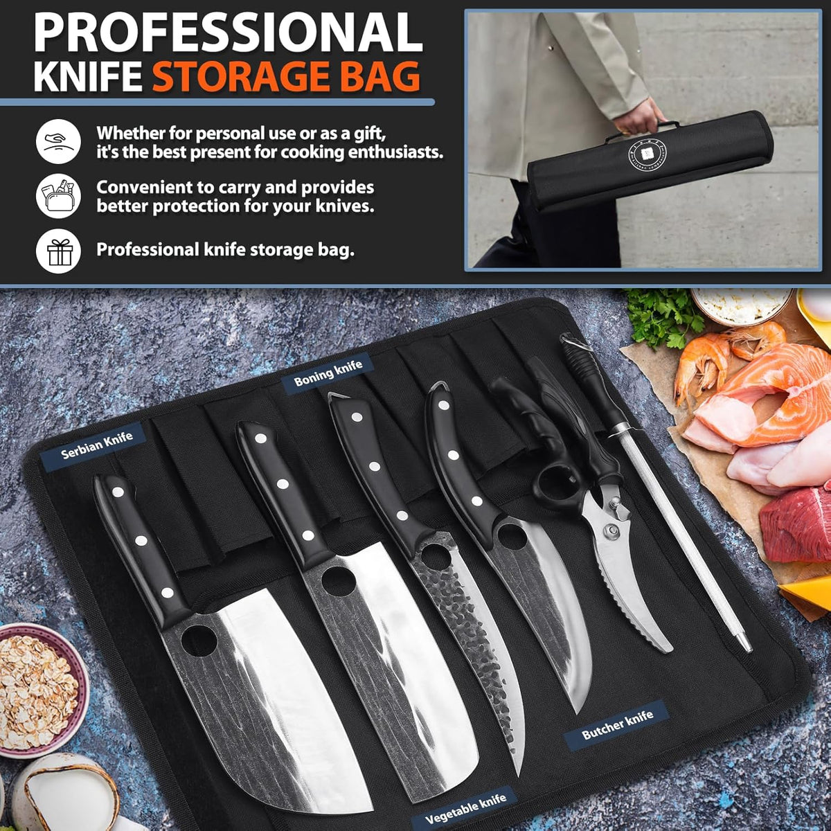 TIVOLI Professional Butcher Knife Set for Meat Processing, 7Pcs High Carbon Steel Hand Forged BBQ Knife Sets, Serbian Chef Knife Set with Ergonomic Handle for Kitchen Outdoor Cooking Father's Day Gift