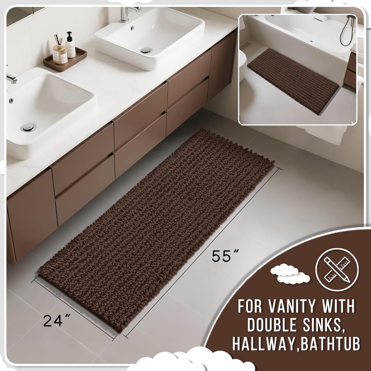 Yimobra Bathroom Runner Rug 55x24 Inch - Extra Long Non Slip Chenille Bath Mat, Soft & Absorbent, Machine Washable Shaggy Hallway Carpet for Vanity Tub Shower, Brown Home Decor Accessories