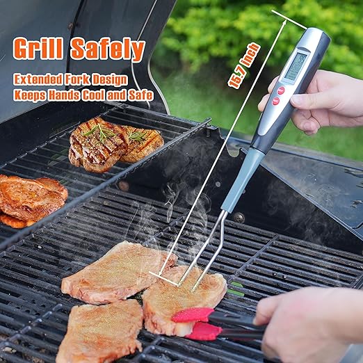 Meat Thermometer Fork with Electronic Ready Alarm, Digital Cooking Thermometer with Instant Read, LCD Display and Led Light, Grill Thermometers for BBQ Grilling Gadgets Steak Pork, Black