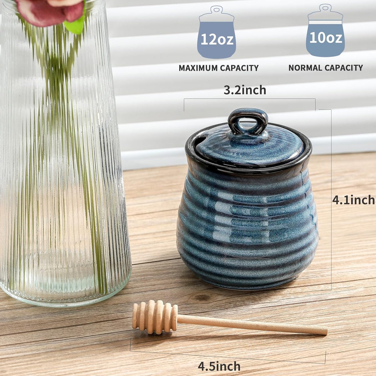 Ceramic 12 Ounce Honey Jar and Dipper Set,Porcelain Honey Pot with Lid and Wooden Dipper,Cute Honey Containers for Party,Holiday,Halloween Favors,Farmhouse Kitchen Decor,Dishwasher Safe,Blue