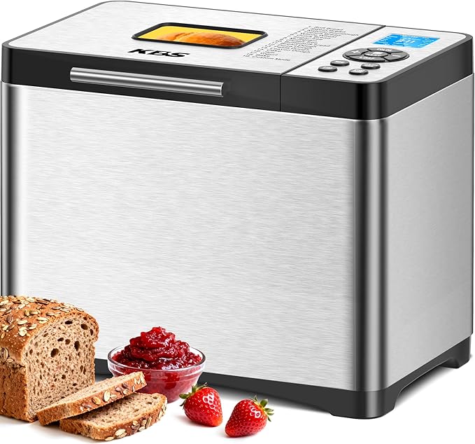 KBS 19-in-1 Programmable Bread Maker, 2LB Bread Machine with Healthy Ceramic Pan, Stainless Steel Bread Maker Machine with 15H Timer& 1H Keep Warm, Sourdough, Gluten Free, 3 Crust Colors, 53 Recipes