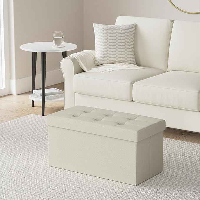 SONGMICS MAZIE Collection - 30 Inches Folding Storage Ottoman Bench, Ottoman Foot Rest, End of Bed Bench, Storage Chest, Load 660 lb, for Living Room, Bedroom, Entryway, Cream White ULSF47BE